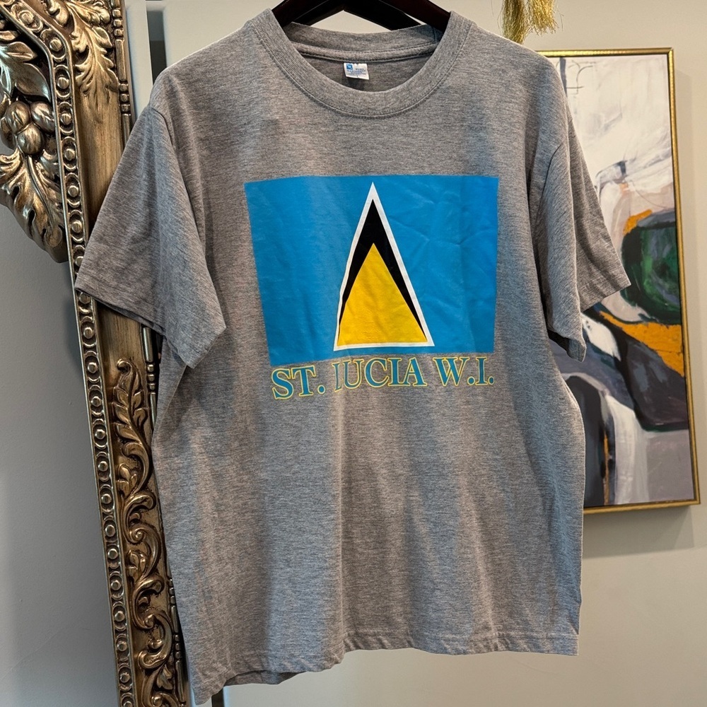 Gray St. Lucia W.I. T-Shirt with Blue and Yellow Graphic